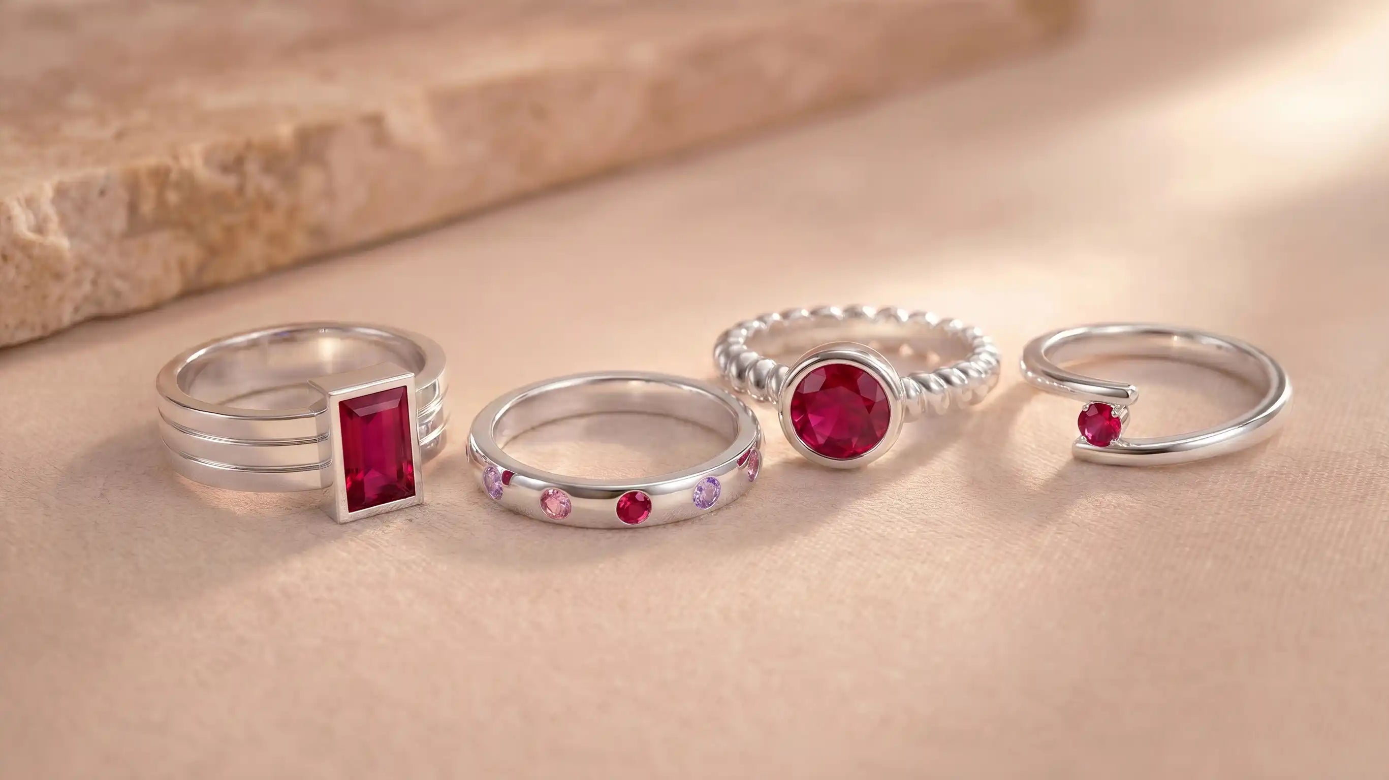 Bague Art déco sertie d'un rubis rouge sur fond bleu, joaillerie Bajoia à Sèvres