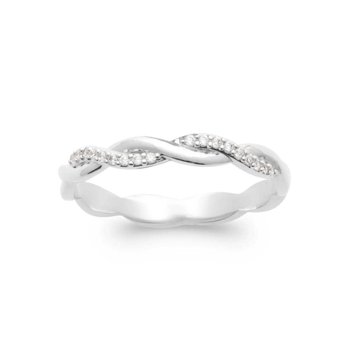 Bague alliance torsadée et brin serti de zircons en argent 925, vue de dessus