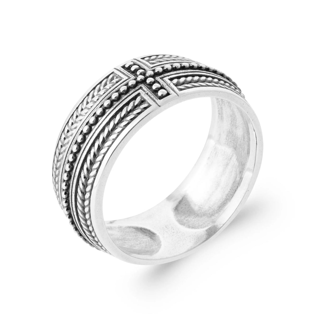 Bague anneau à bandes perlées croisées en argent 925 homme