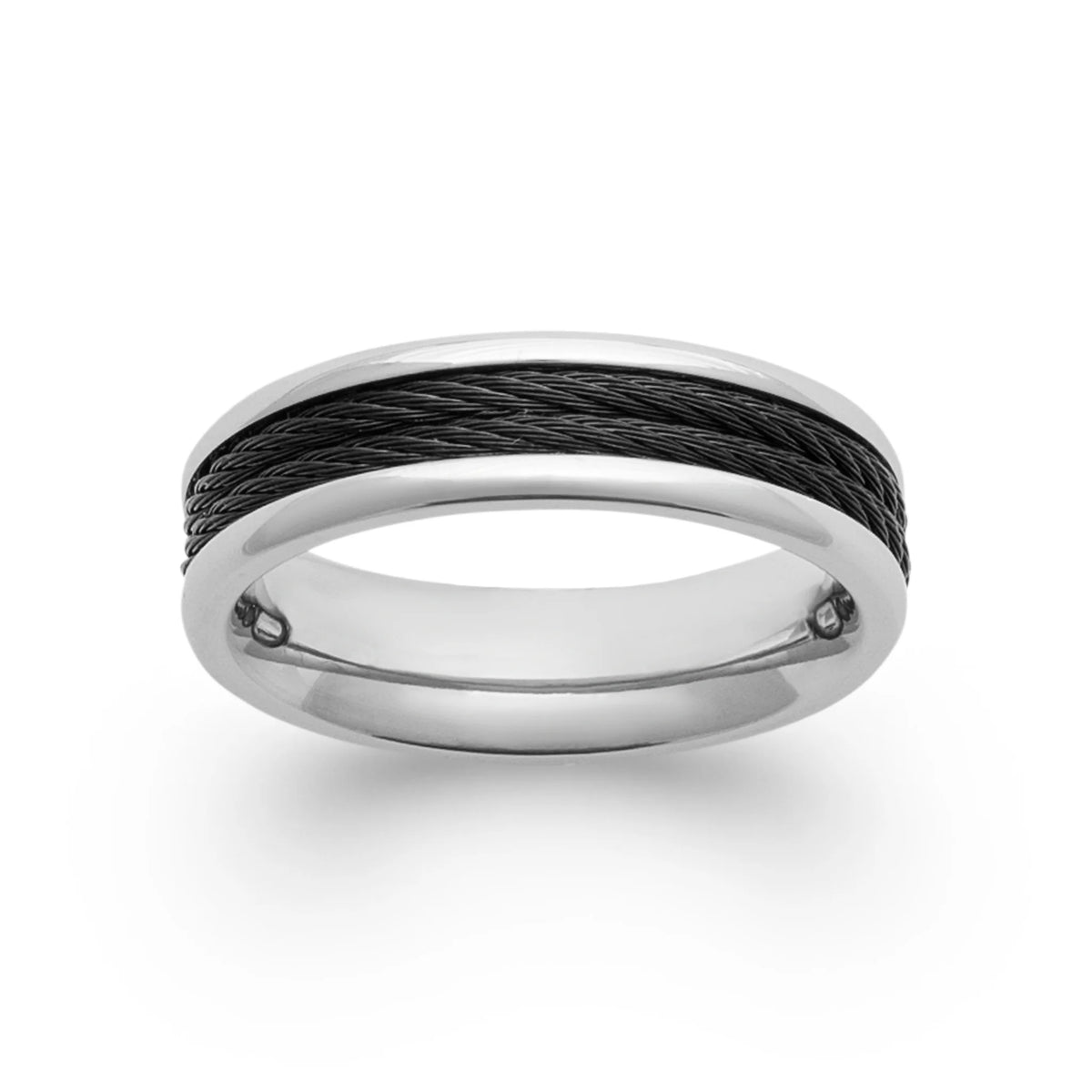 Bague anneau à câble noir torsadé en acier homme vu de profil