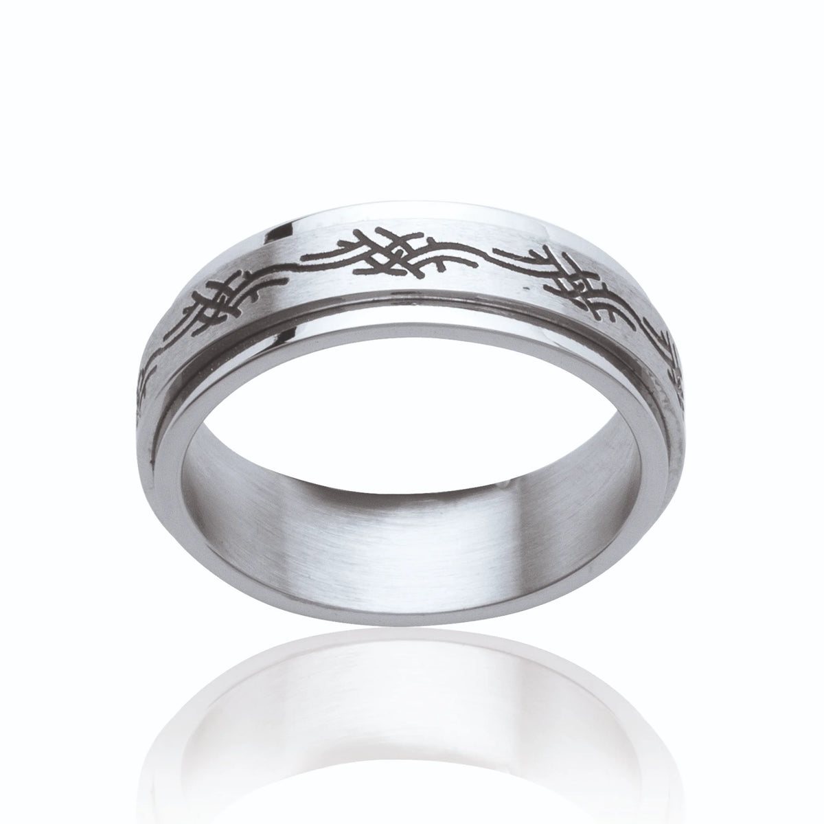 Bague anneau à frise gravée noircie en acier vu de profil