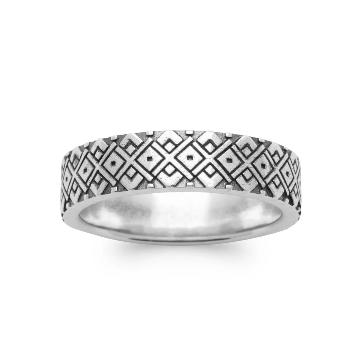 Bague anneau à motifs géométriques en argent 925 vu de profil