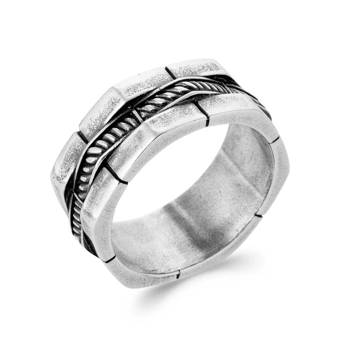 Bague anneau à plaques et câble torsadé en argent 925 homme