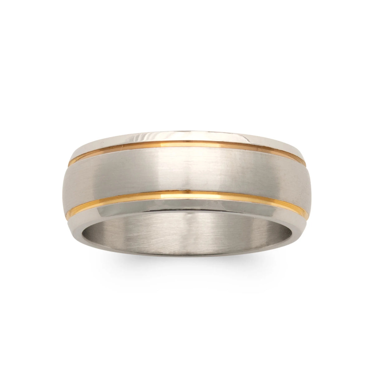 Bague anneau acier brossé à liseré doré central vu de profil