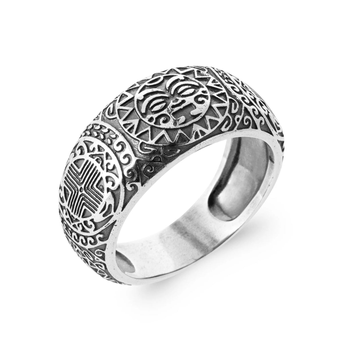 Bague anneau bombé à motifs polynésiens en argent 925 homme