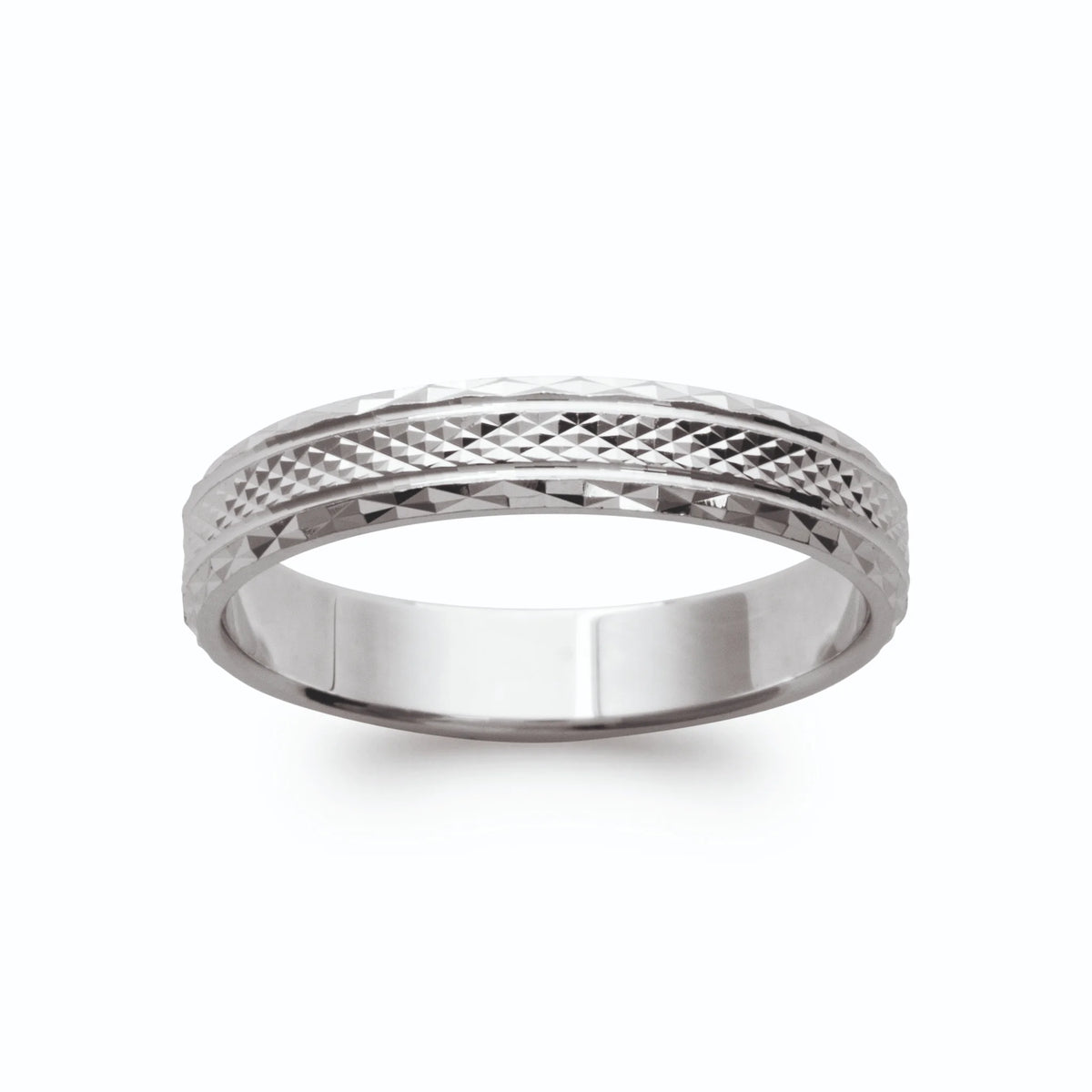 Bague anneau gravé de losanges diamantés en argent rhodié vu de profil