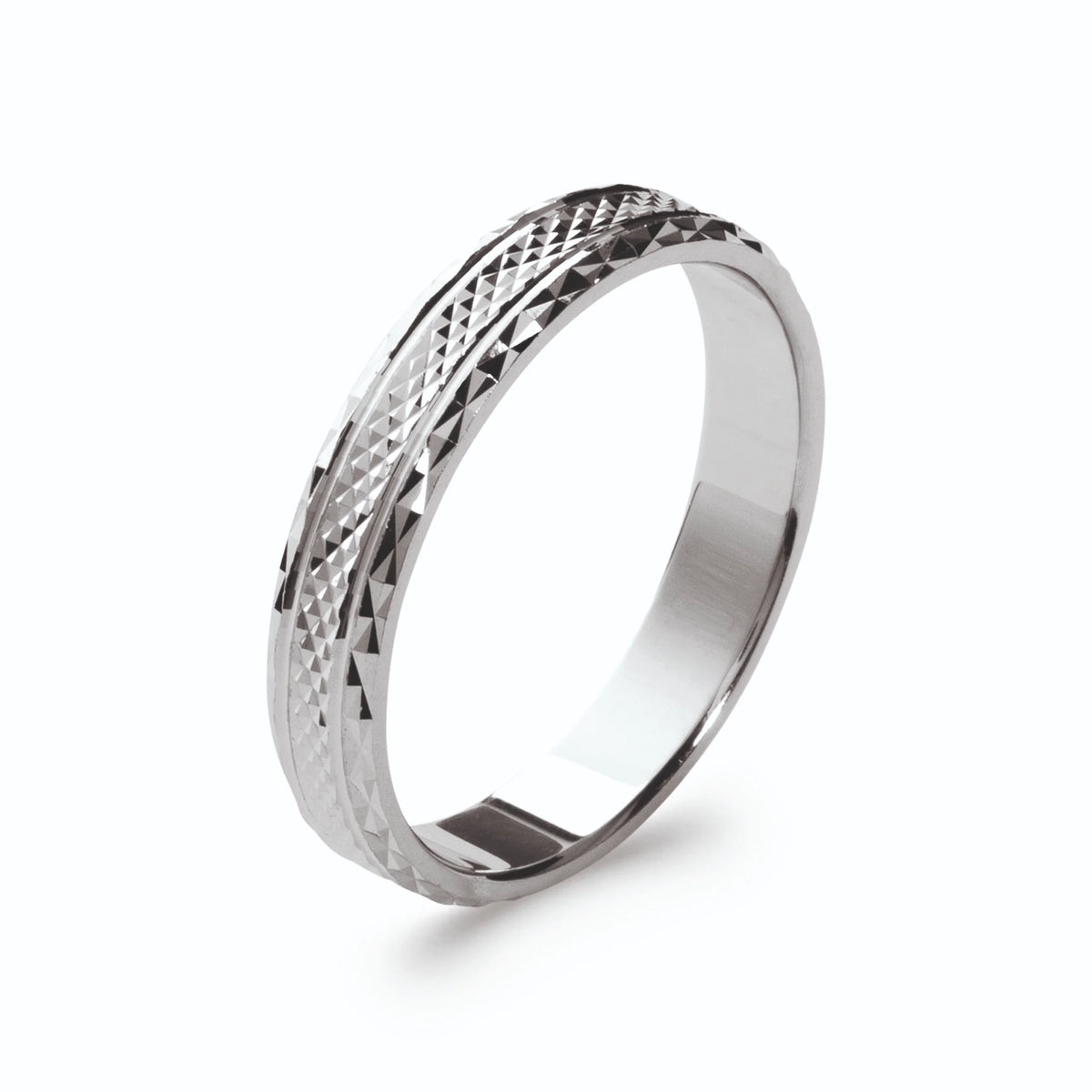 Bague anneau gravé de losanges diamantés en argent rhodié