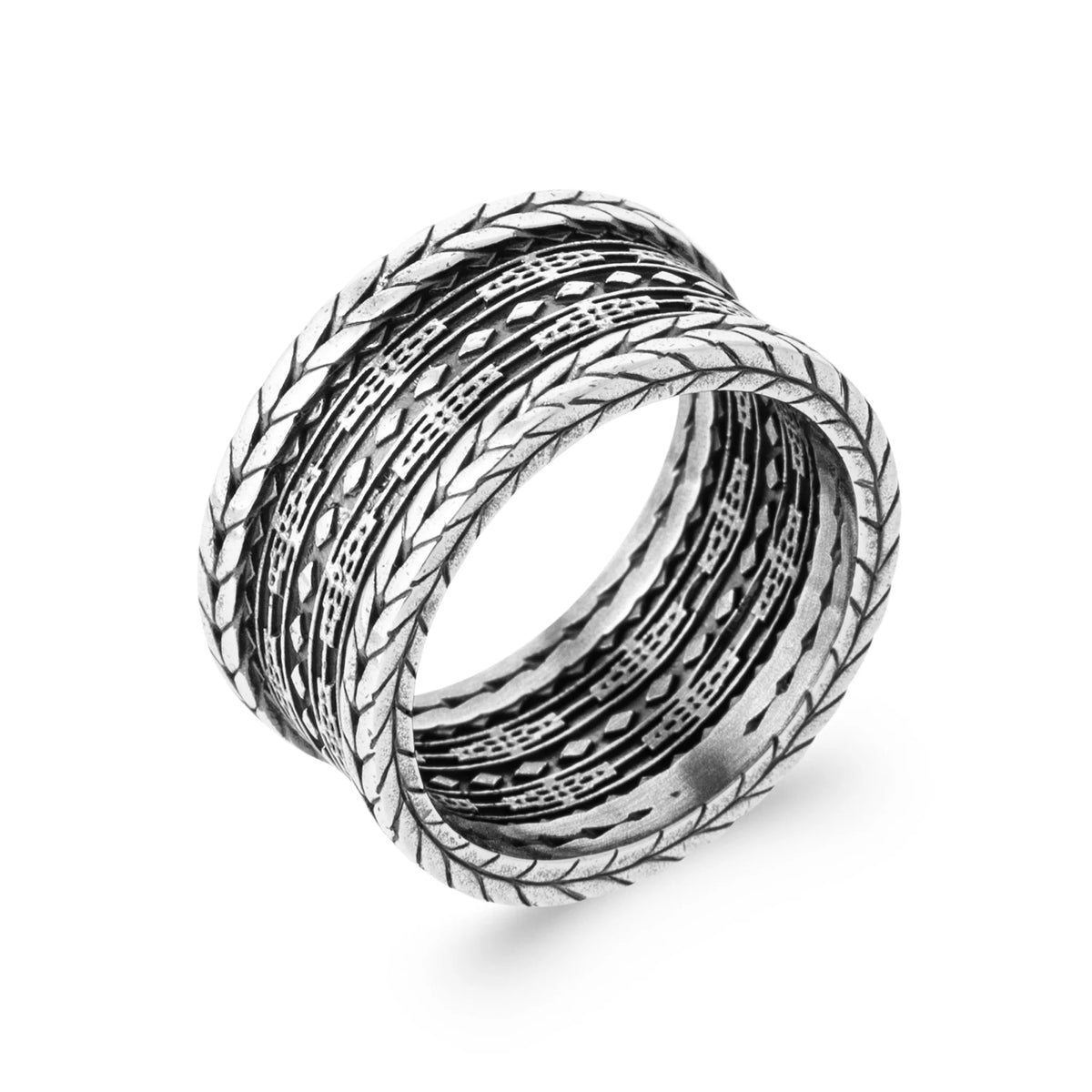 Bague anneau large à bords tressés en argent 925 homme