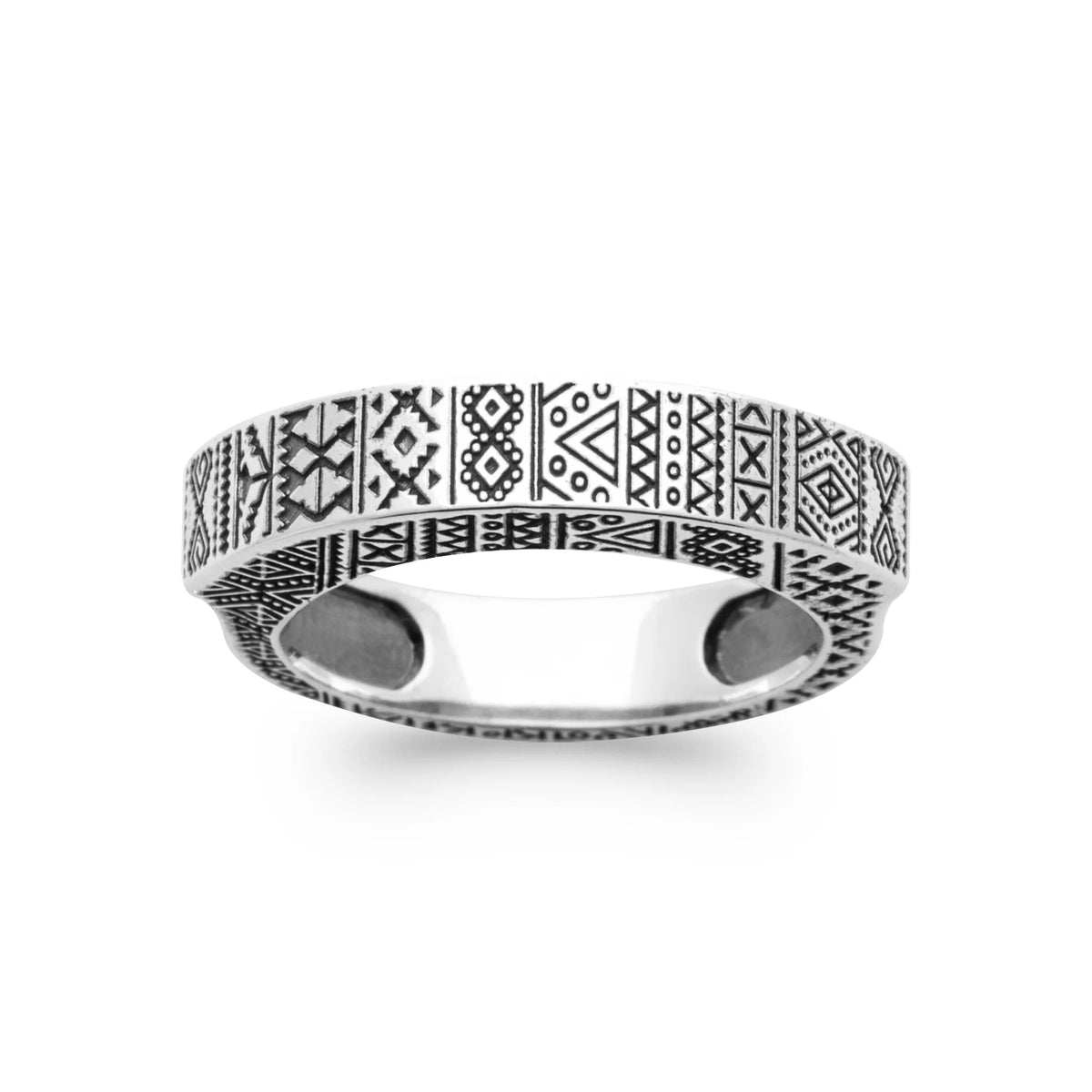 Bague anneau large à motifs aztèques en argent 925 homme vu de profil