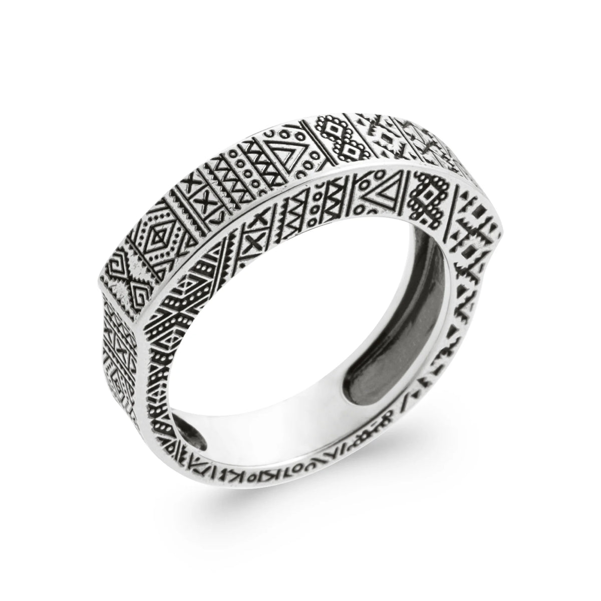 Bague anneau large à motifs aztèques en argent 925 homme