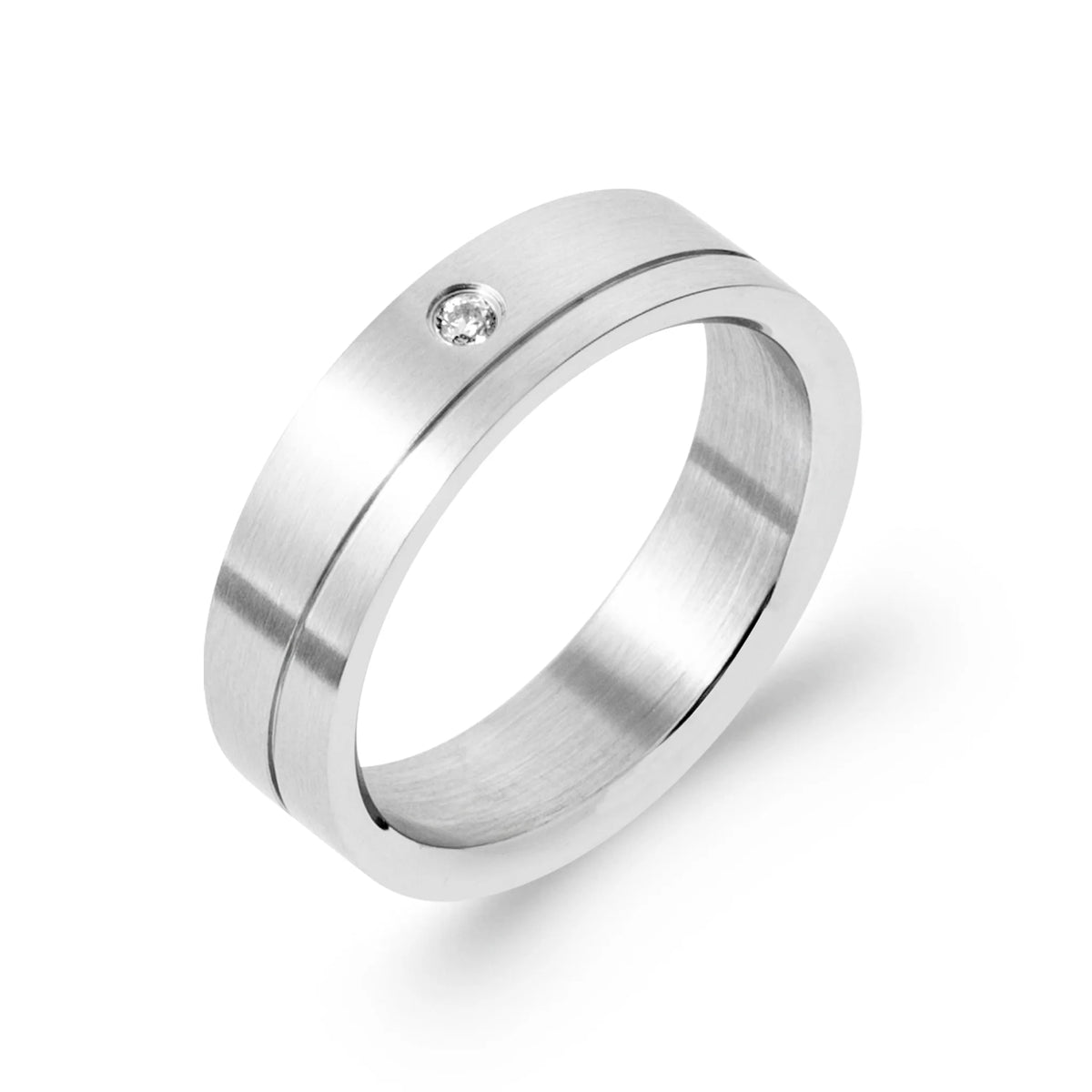 Bague anneau rainuré serti d’un zircon blanc en acier homme