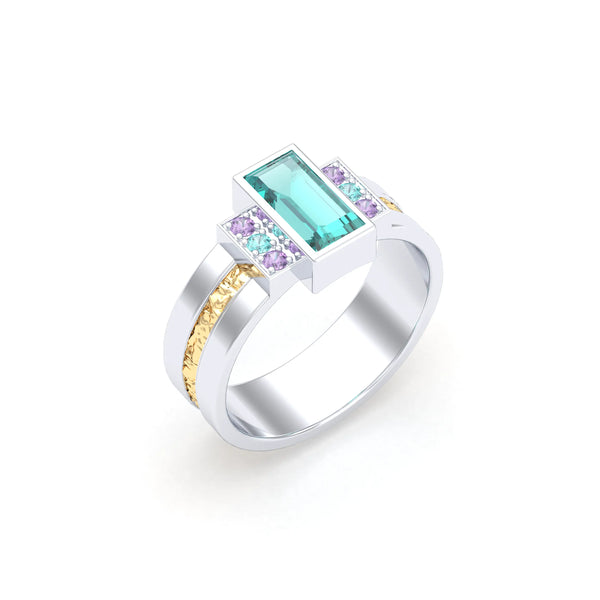 Bague Art Déco Duo – bague femme bicolore en or blanc et or jaune 18 carats, tourmaline bleue
