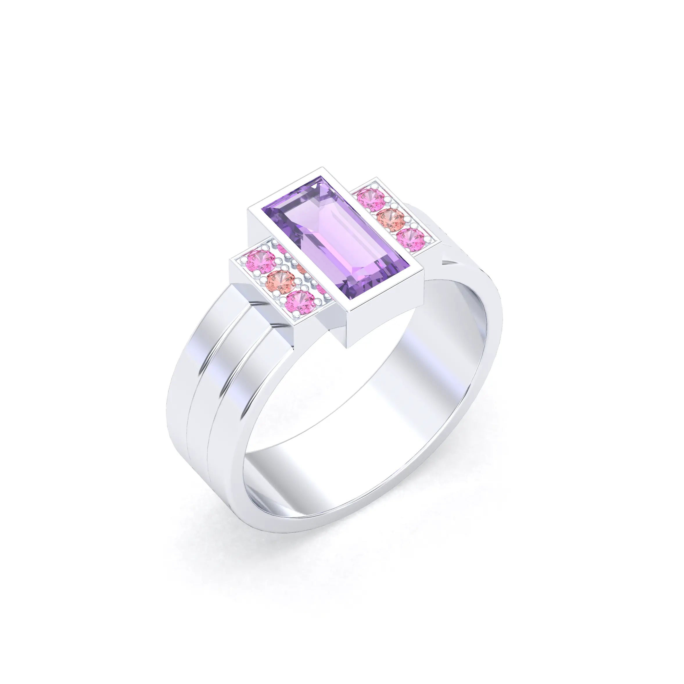 Bague Art Déco – Or Blanc 18k & Cascade de Pierres Précieuses Améthyste