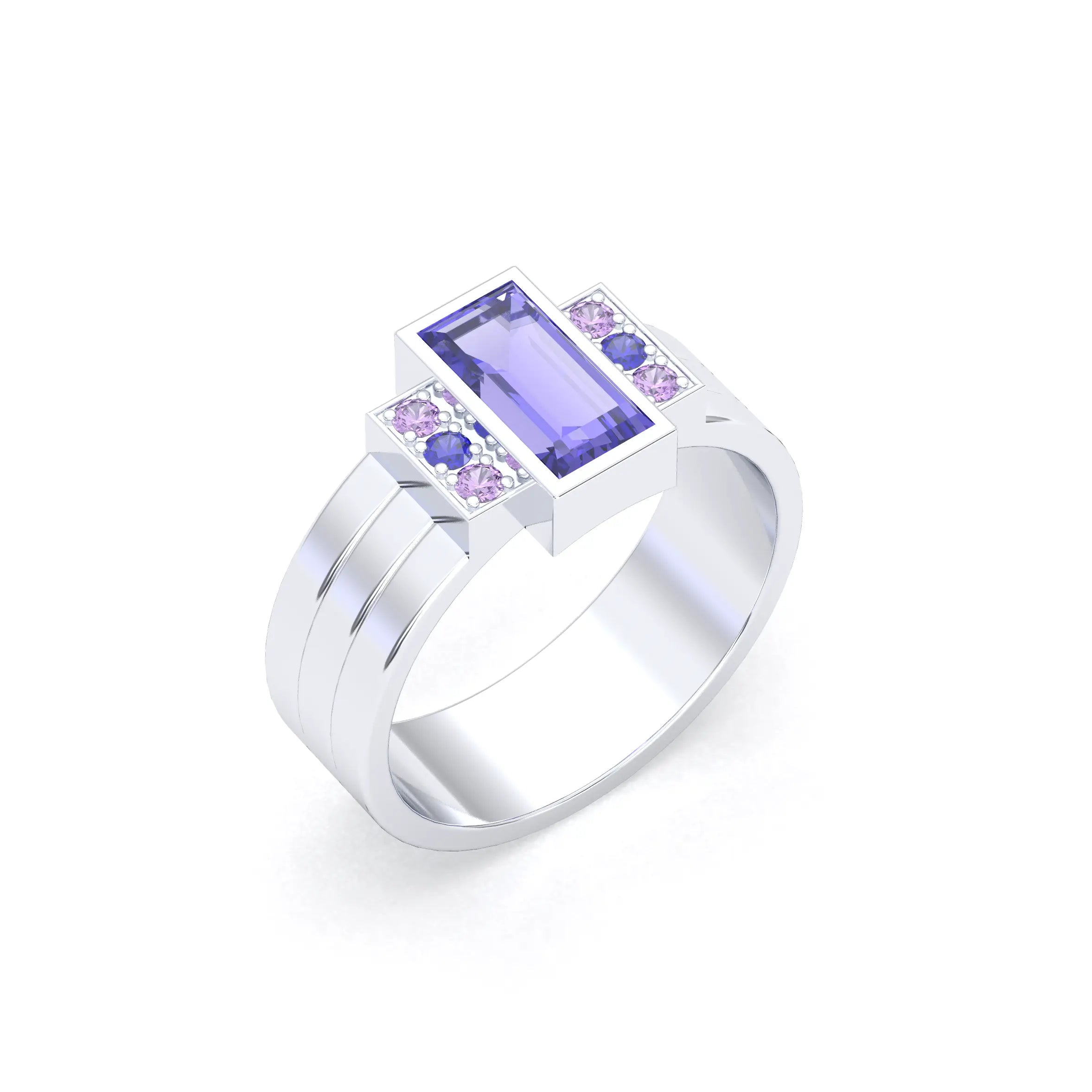 Bague Art Déco – Or Blanc 18k & Cascade de Pierres Précieuses Iolite