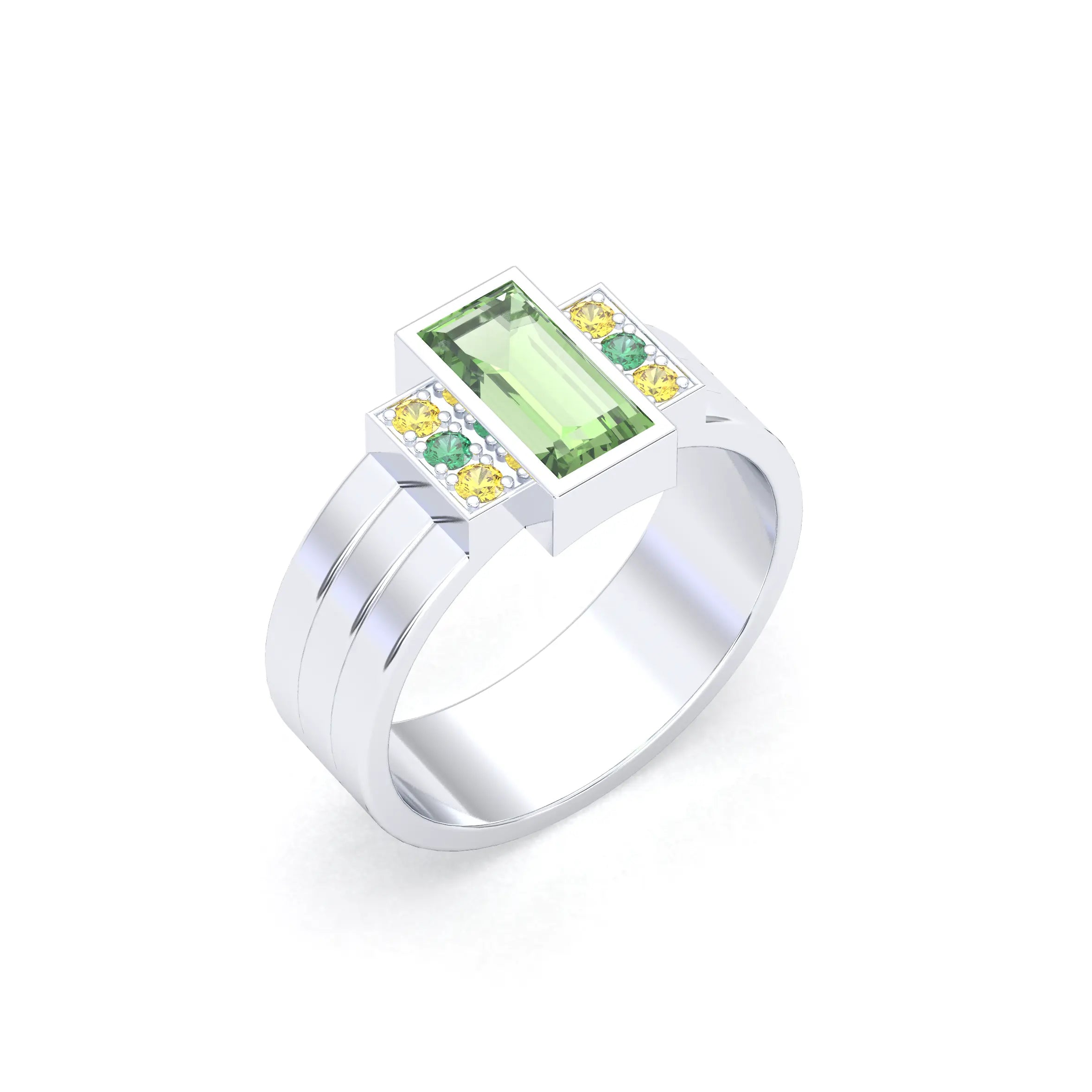 Bague Art Déco – Or Blanc 18k & Cascade de Pierres Précieuses Péridot