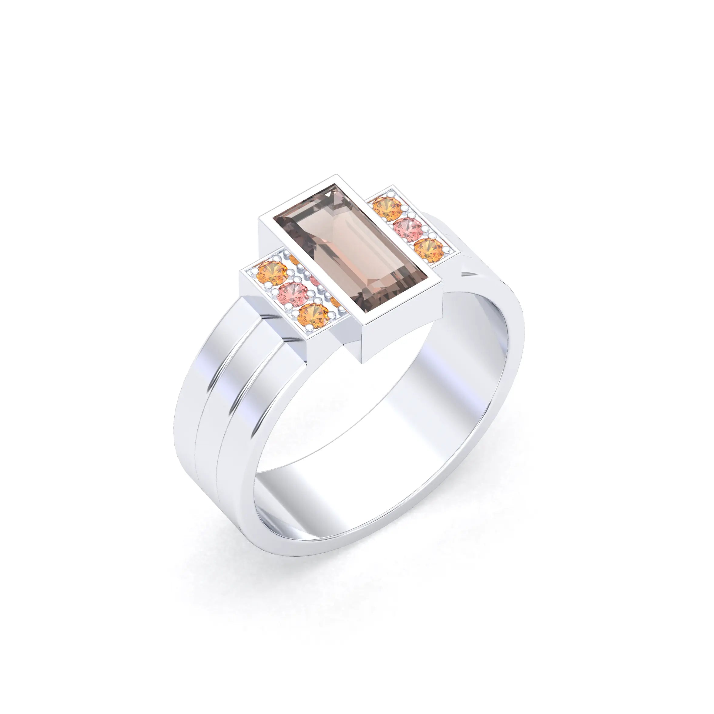 Bague Art Déco – Or Blanc 18k & Cascade de Pierres Précieuses Quartz fumé