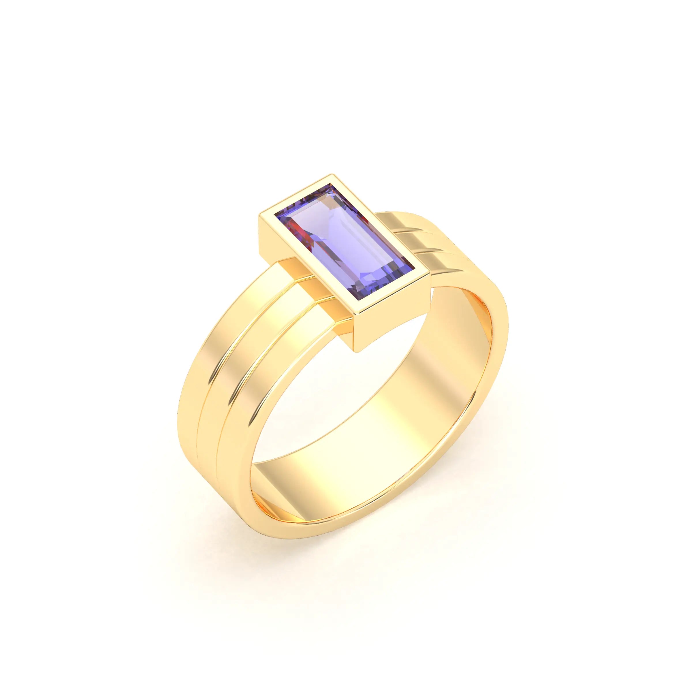 Bague Art Déco – Or Jaune & Pierre Fine Taille Baguette Iolite