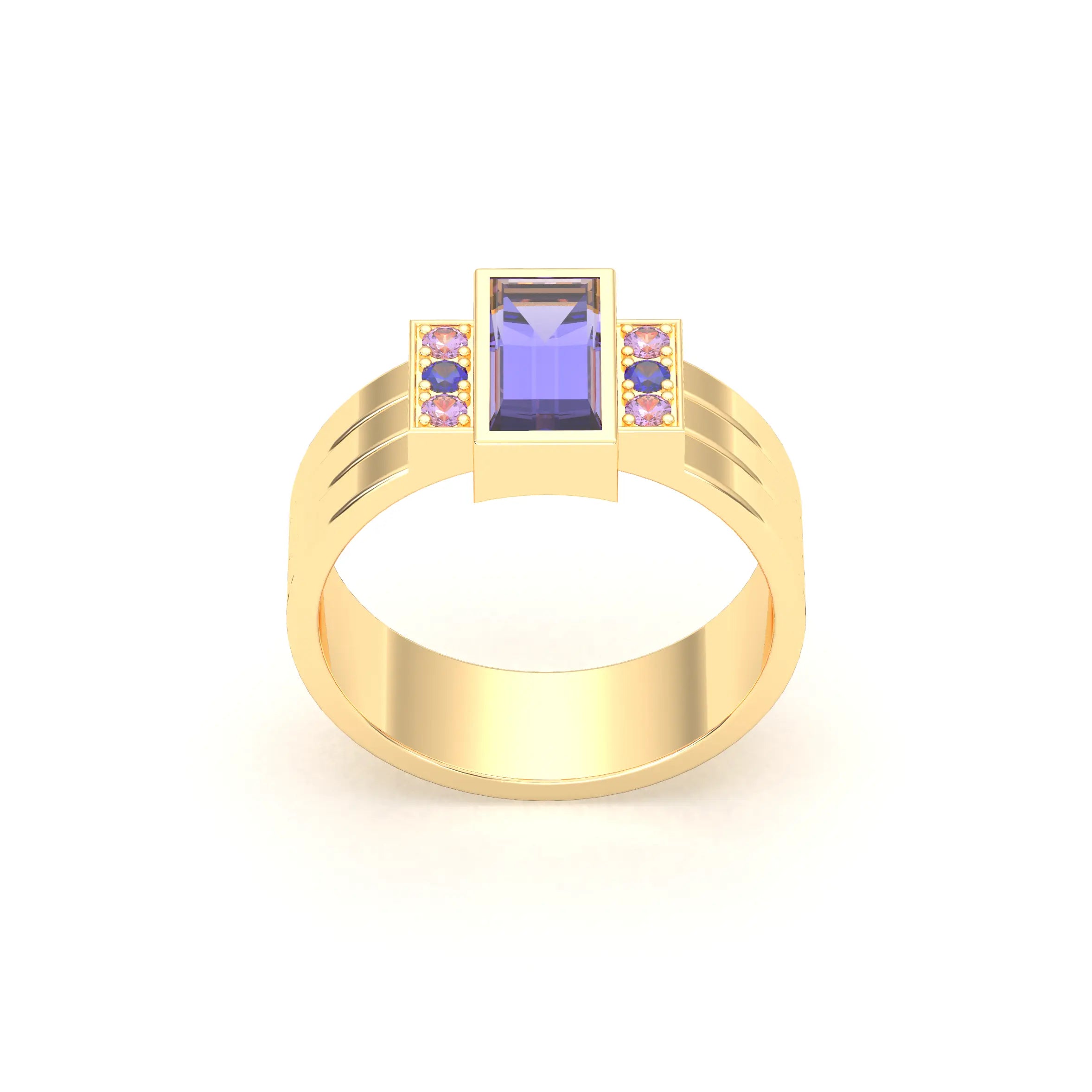 Bague Art Déco – Or Jaune 18 carats - Pierre fine & Cascade de Pierres Précieuses