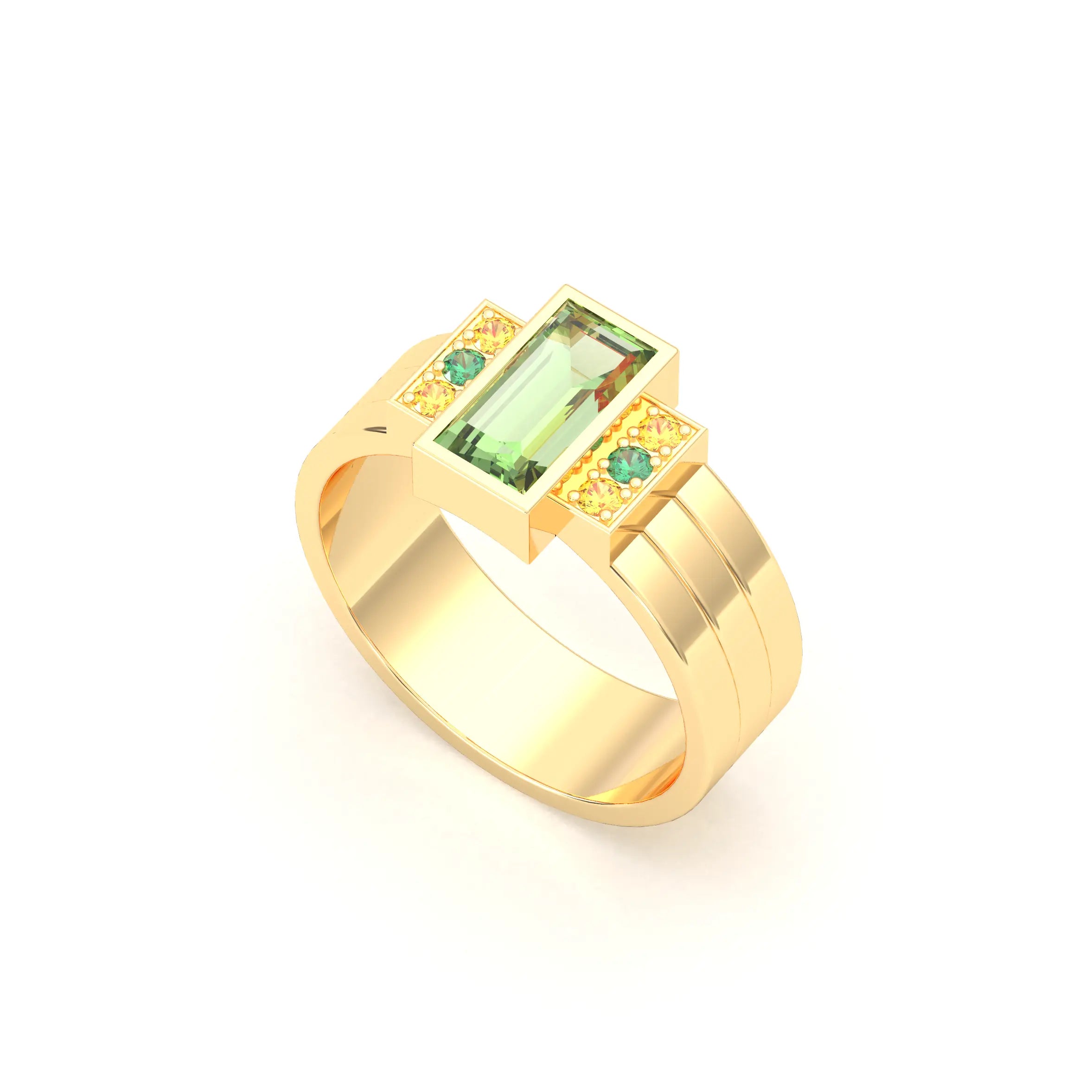 Bague Art Déco – Or Jaune 18 carats - Pierre fine & Cascade de Pierres Précieuses