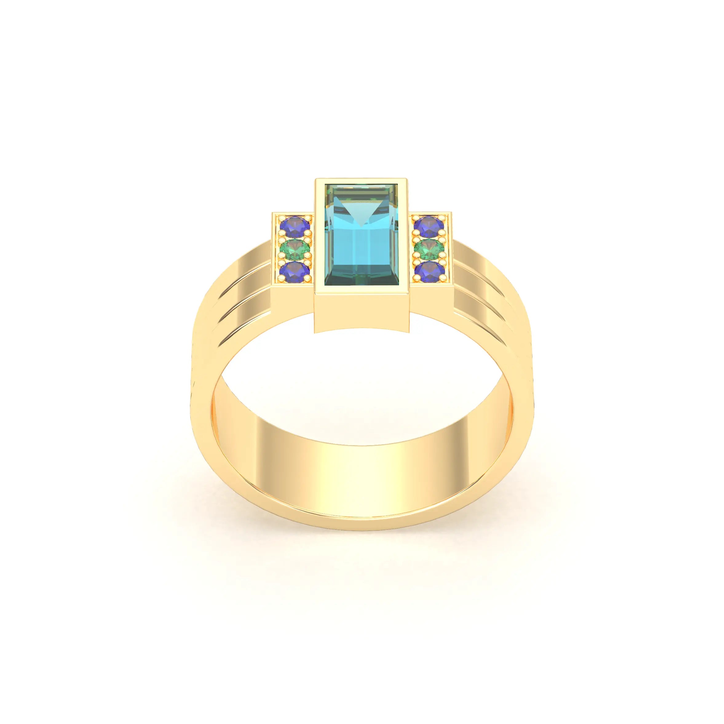 Bague Art Déco – Or Jaune 18 carats - Pierre fine & Cascade de Pierres Précieuses