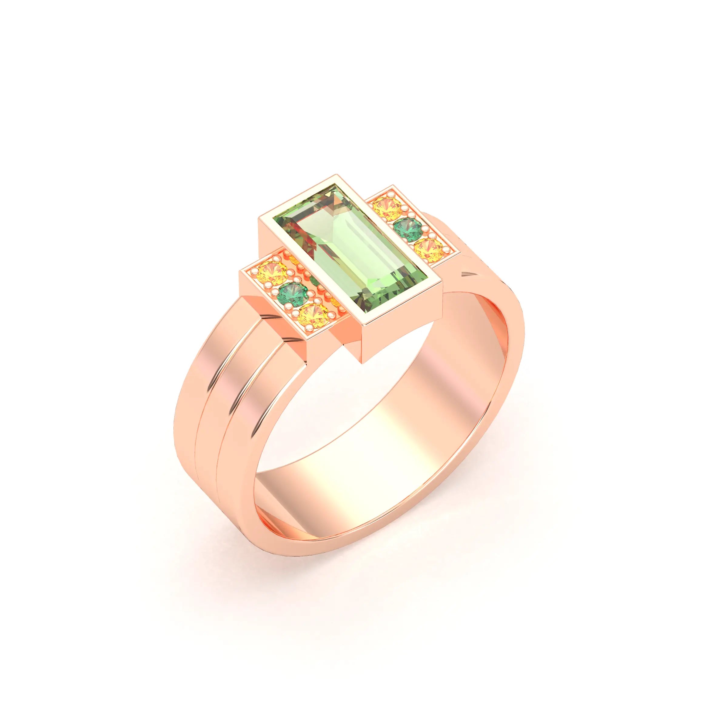 Bague Art Déco – Or Rose 18k & Cascade de Pierres Précieuses Péridot