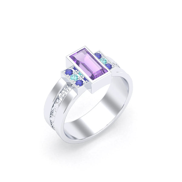 Bague Art Déco Relief – bague femme en or blanc 18 carats, pierres fines et précieuses au choix Améthyste