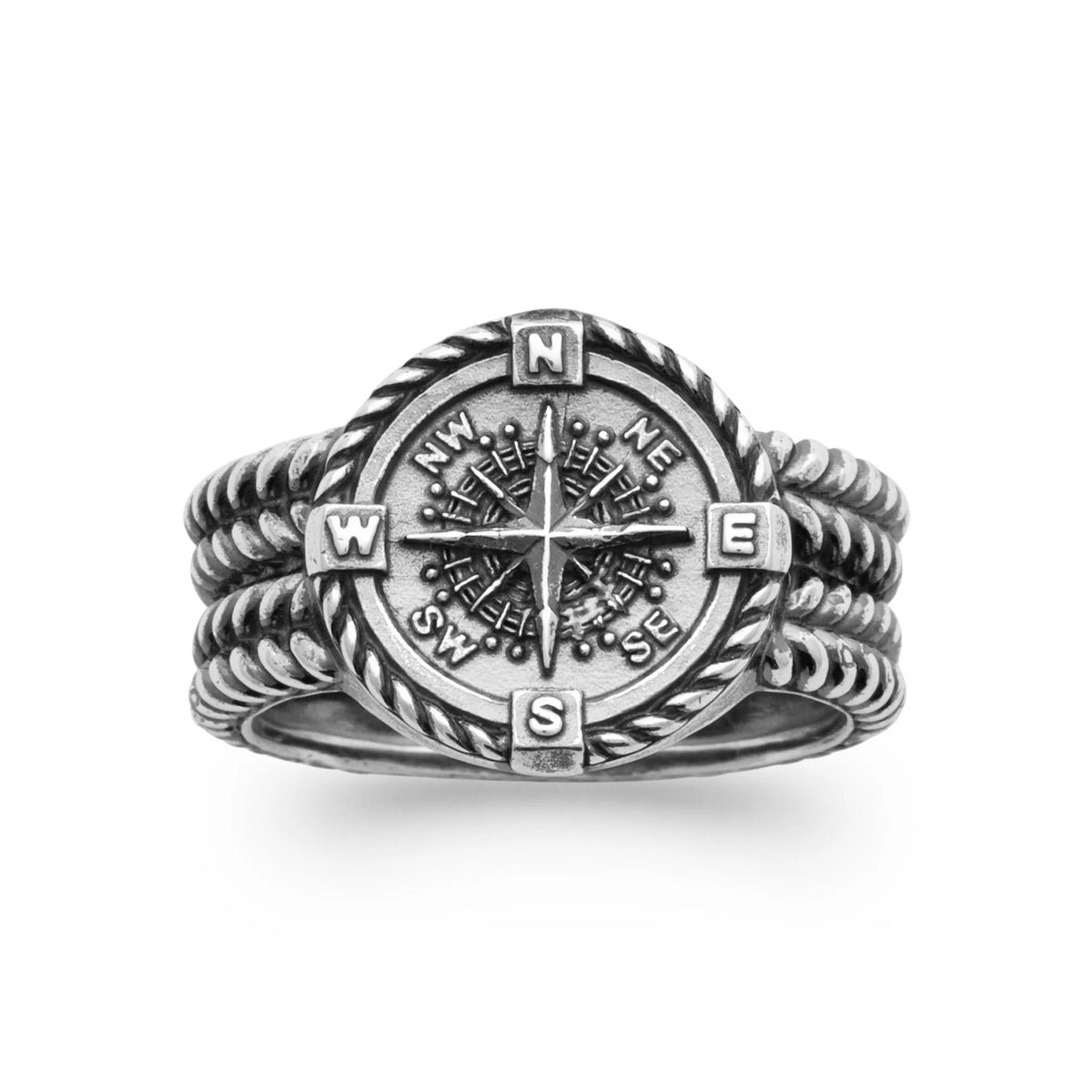 Bague boussole sur anneau cordé en argent 925 homme vu de profil
