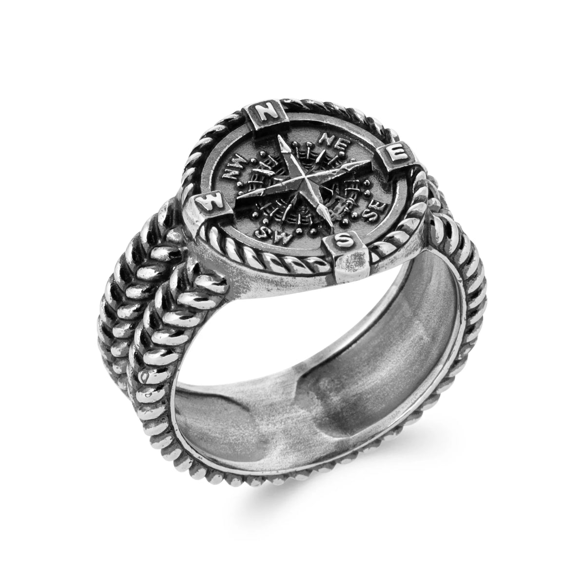 Bague boussole sur anneau cordé en argent 925 homme
