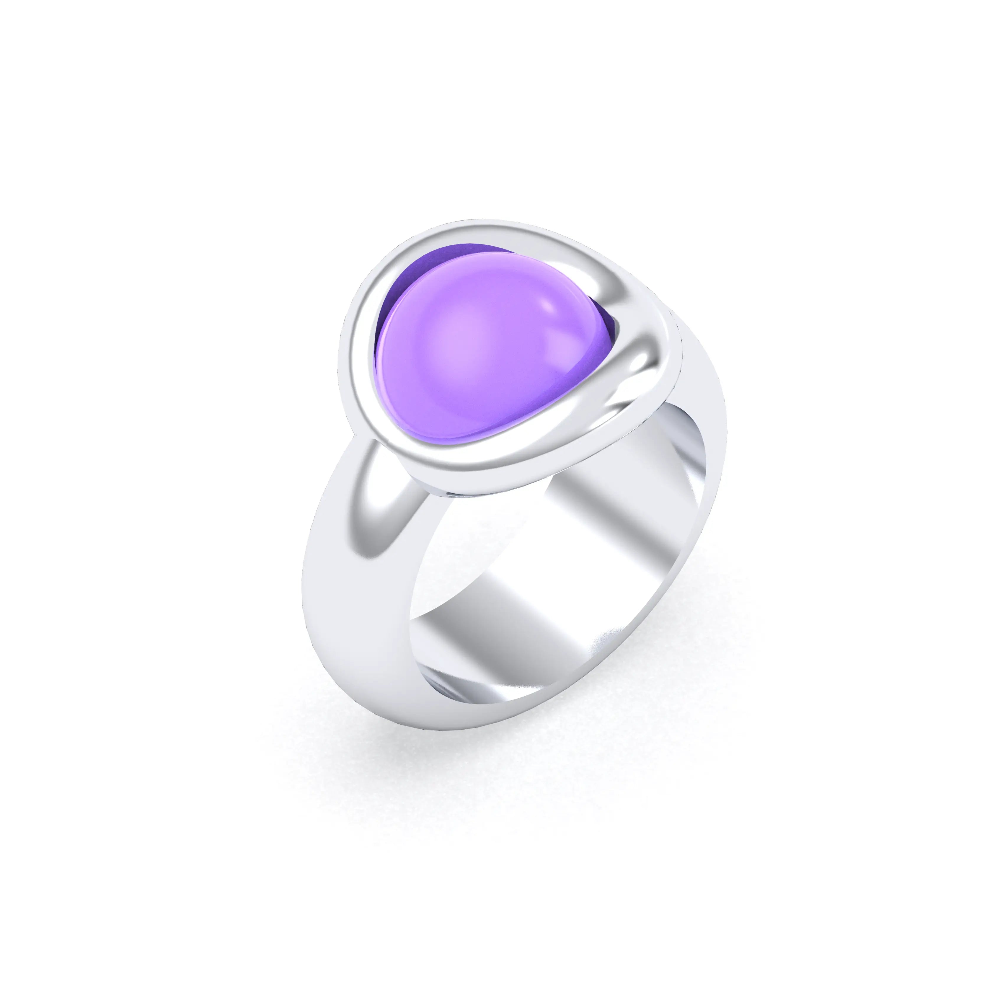 Bague femme Camille en argent 950, cabochon de pierre fine au choix Calcédoine teintée lavande