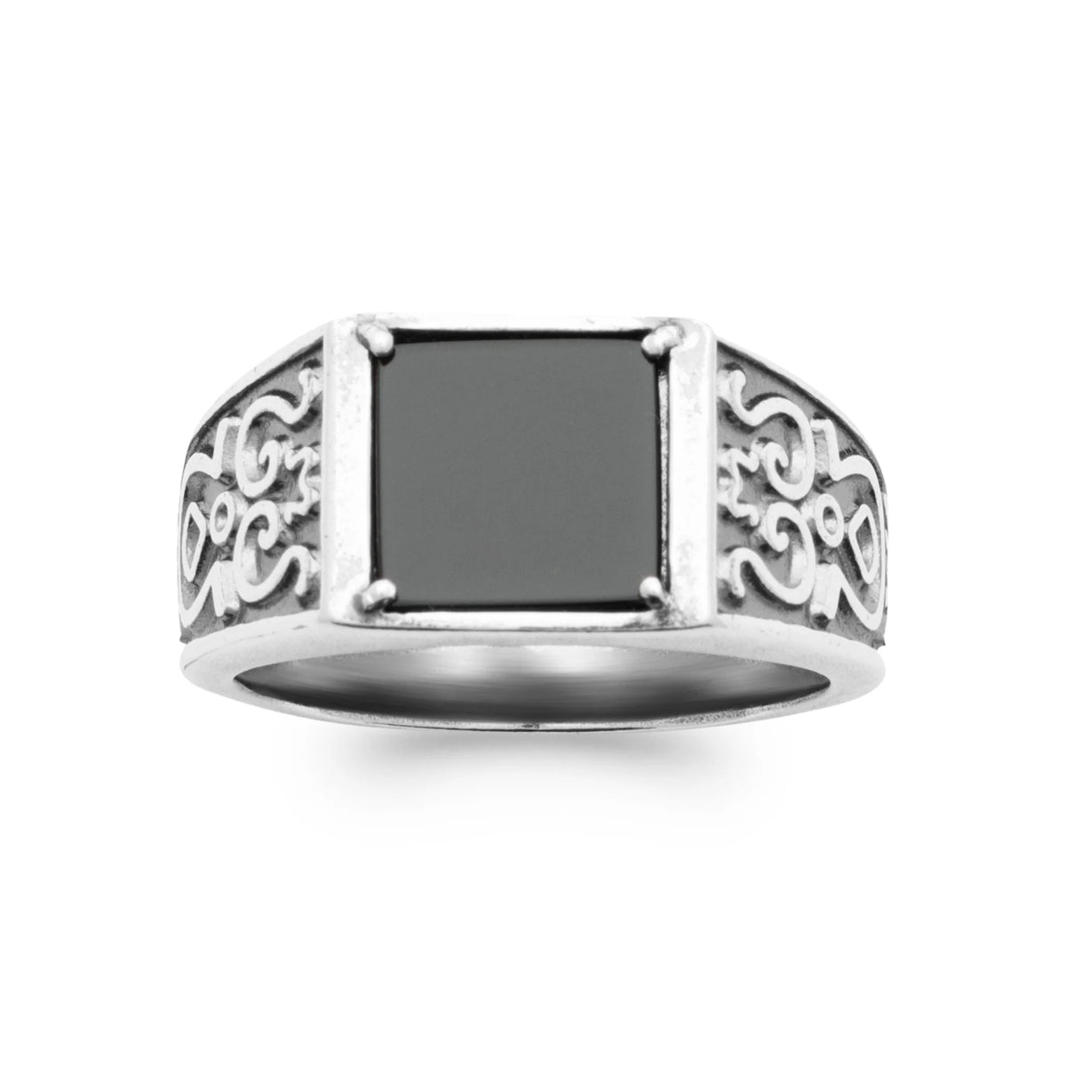 Bague chevalière agate noire à épaules ciselées en argent 925 homme vu de profil
