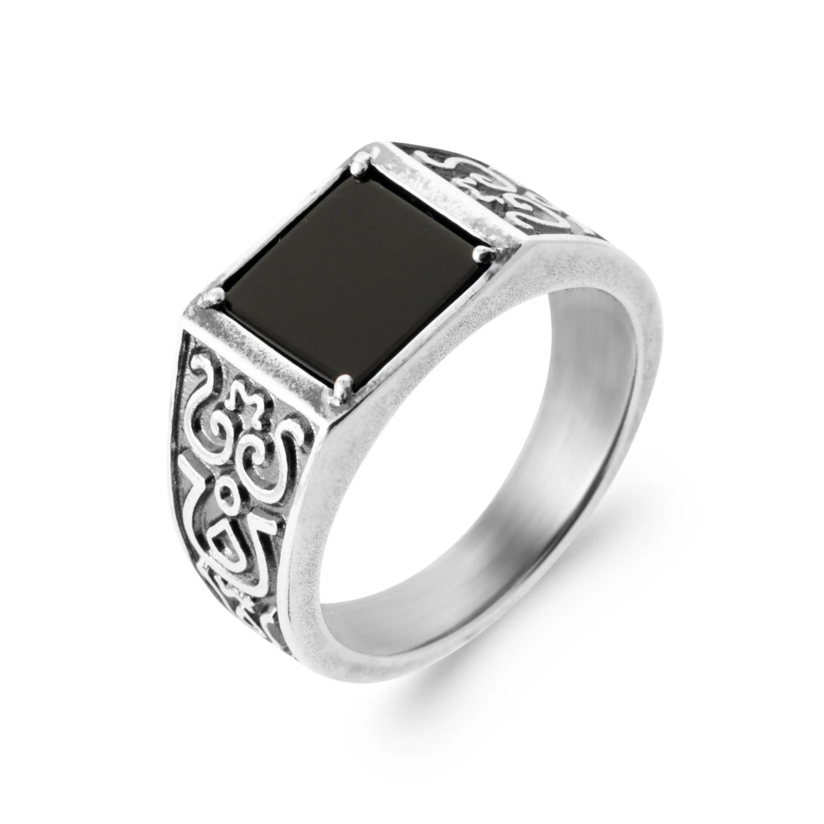 Bague chevalière agate noire à épaules ciselées en argent 925 homme