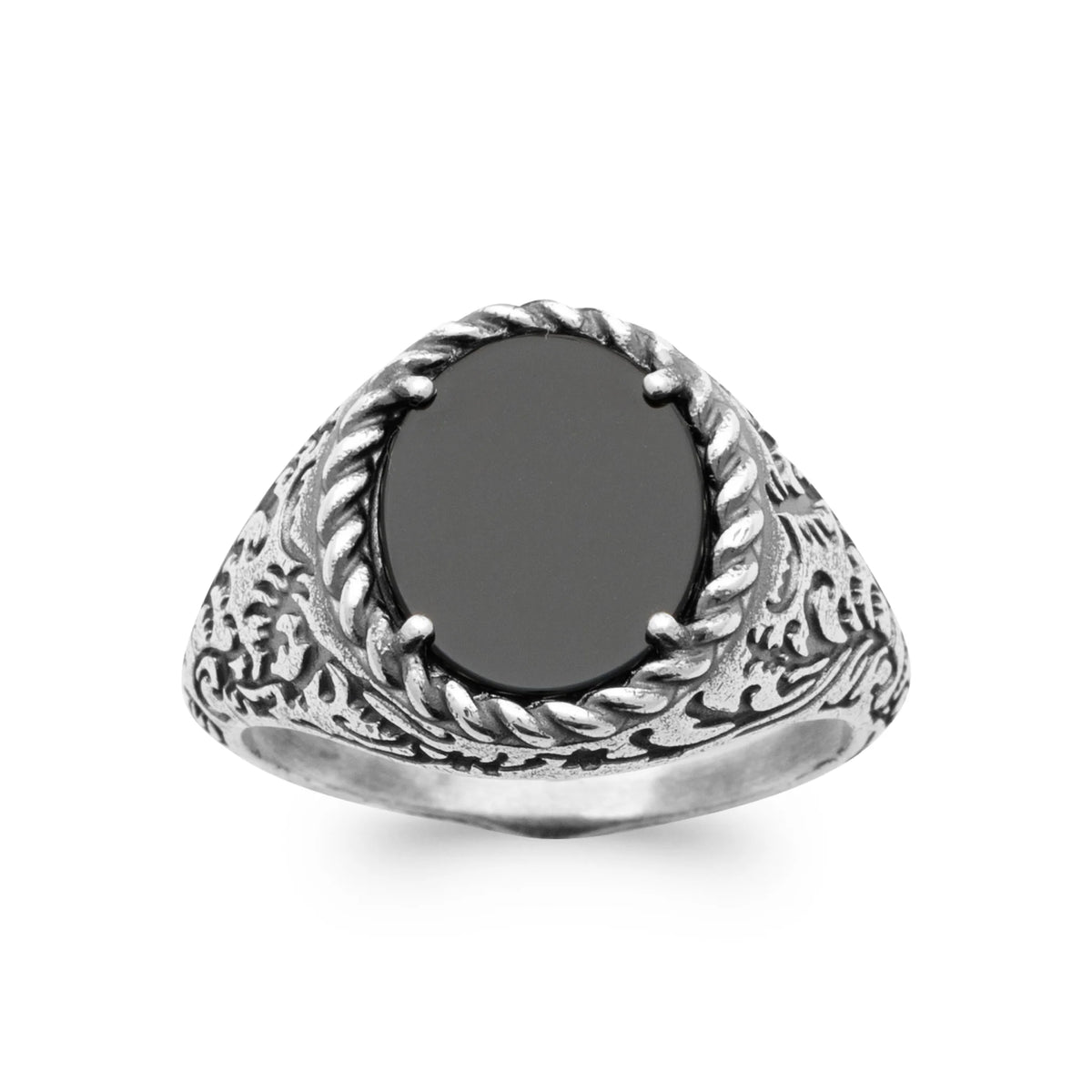 Bague chevalière agate noire ovale à cordelette en argent 925 homme vu de profil