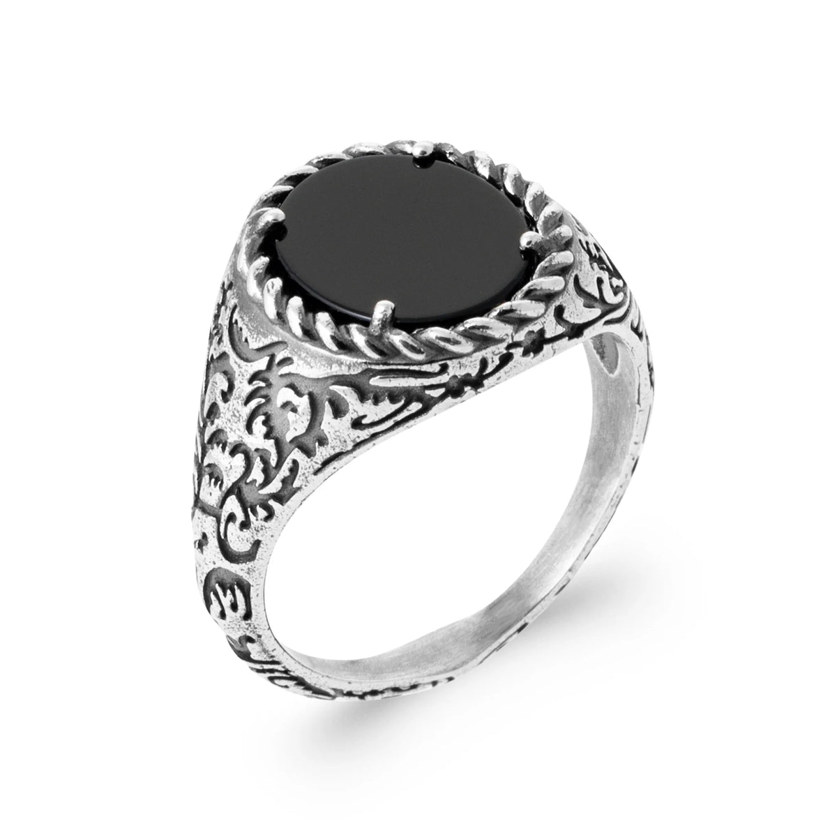 Bague chevalière agate noire ovale à cordelette en argent 925 homme
