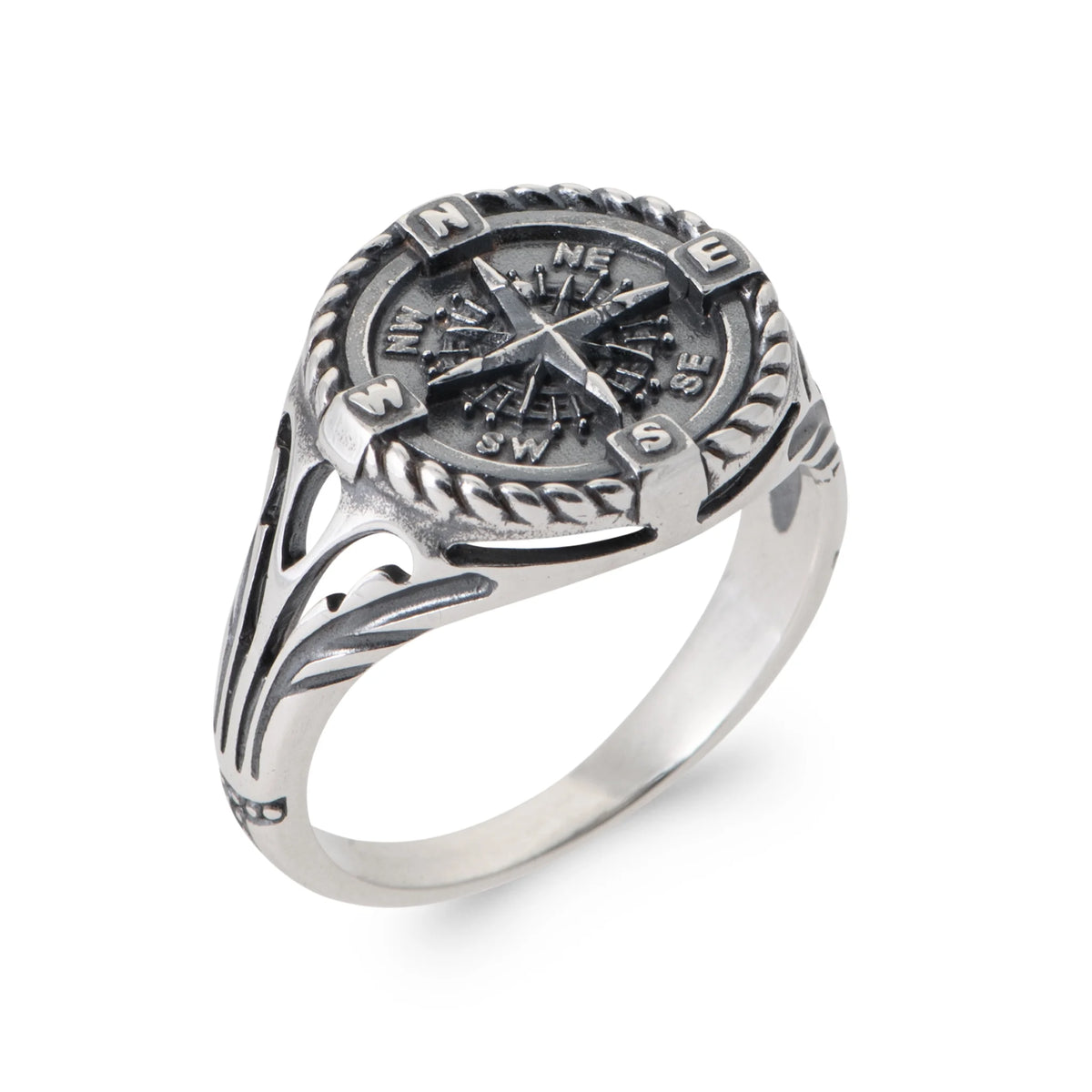 Bague chevalière boussole en argent 925 homme