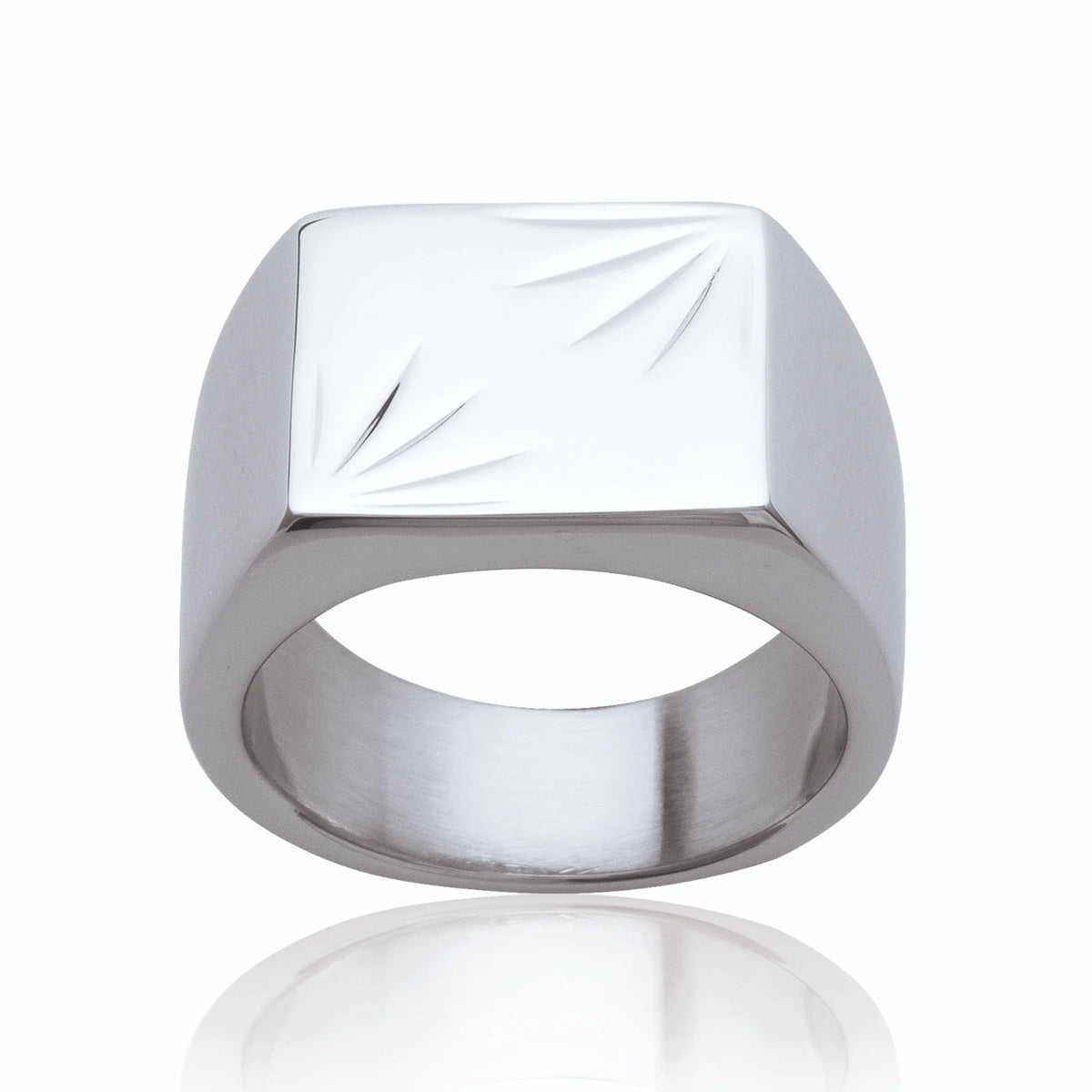 Bague chevalière carrée gravée de rayons en acier homme