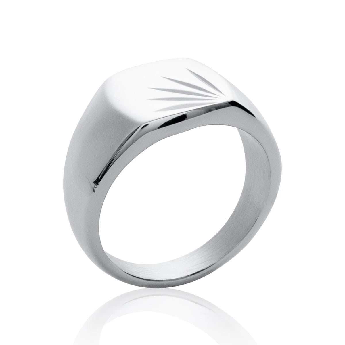Bague chevalière coussin gravée de rayons en acier homme