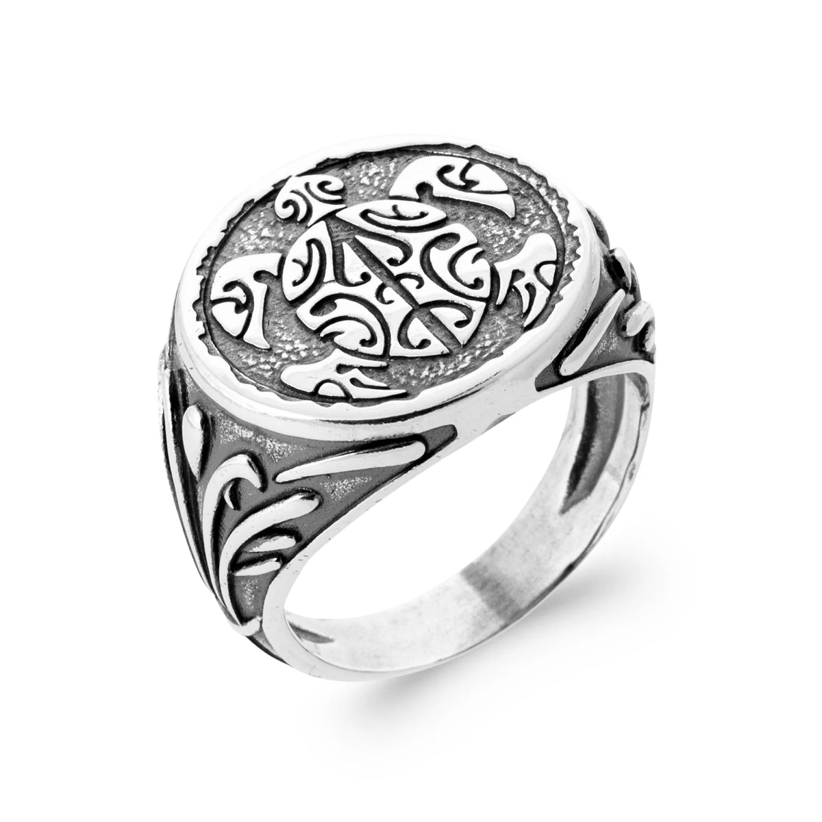 Bague chevalière ovale à motif polynésien en argent 925 homme