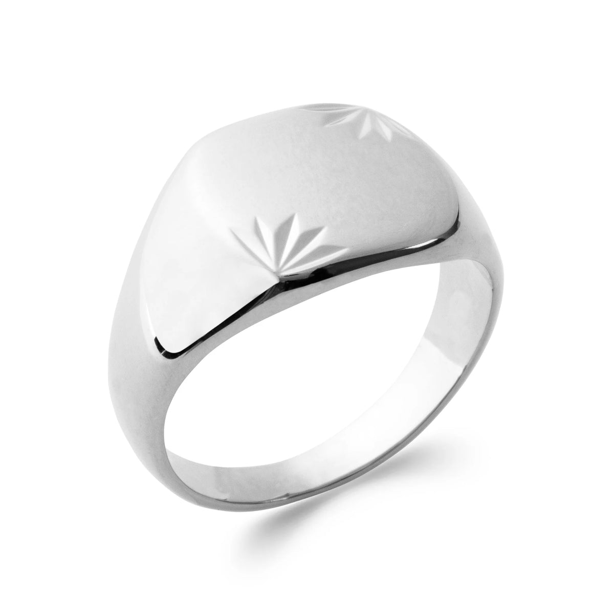 Bague chevalière ovale gravée de rayons en argent rhodié homme
