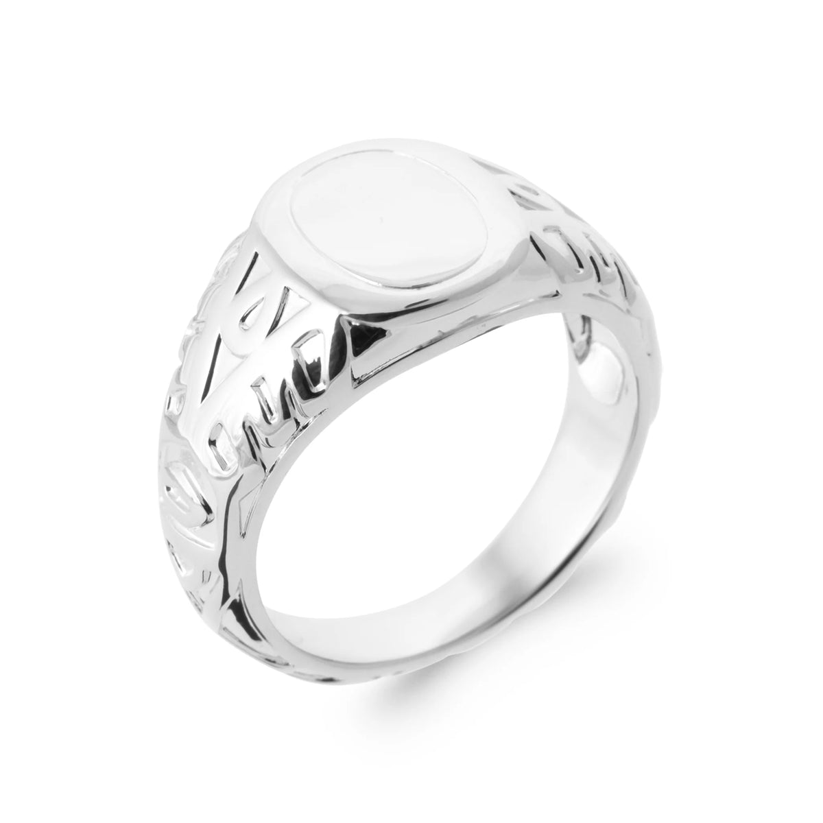 Bague chevalière ovale lisse à épaules gravées en argent 925 rhodié homme
