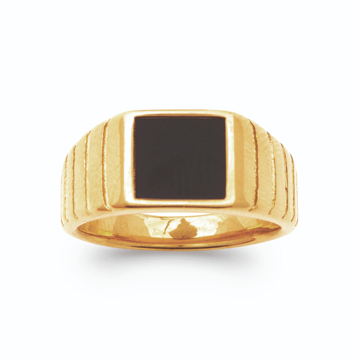 Bague chevalière plateau carré noir en acier PVD doré homme