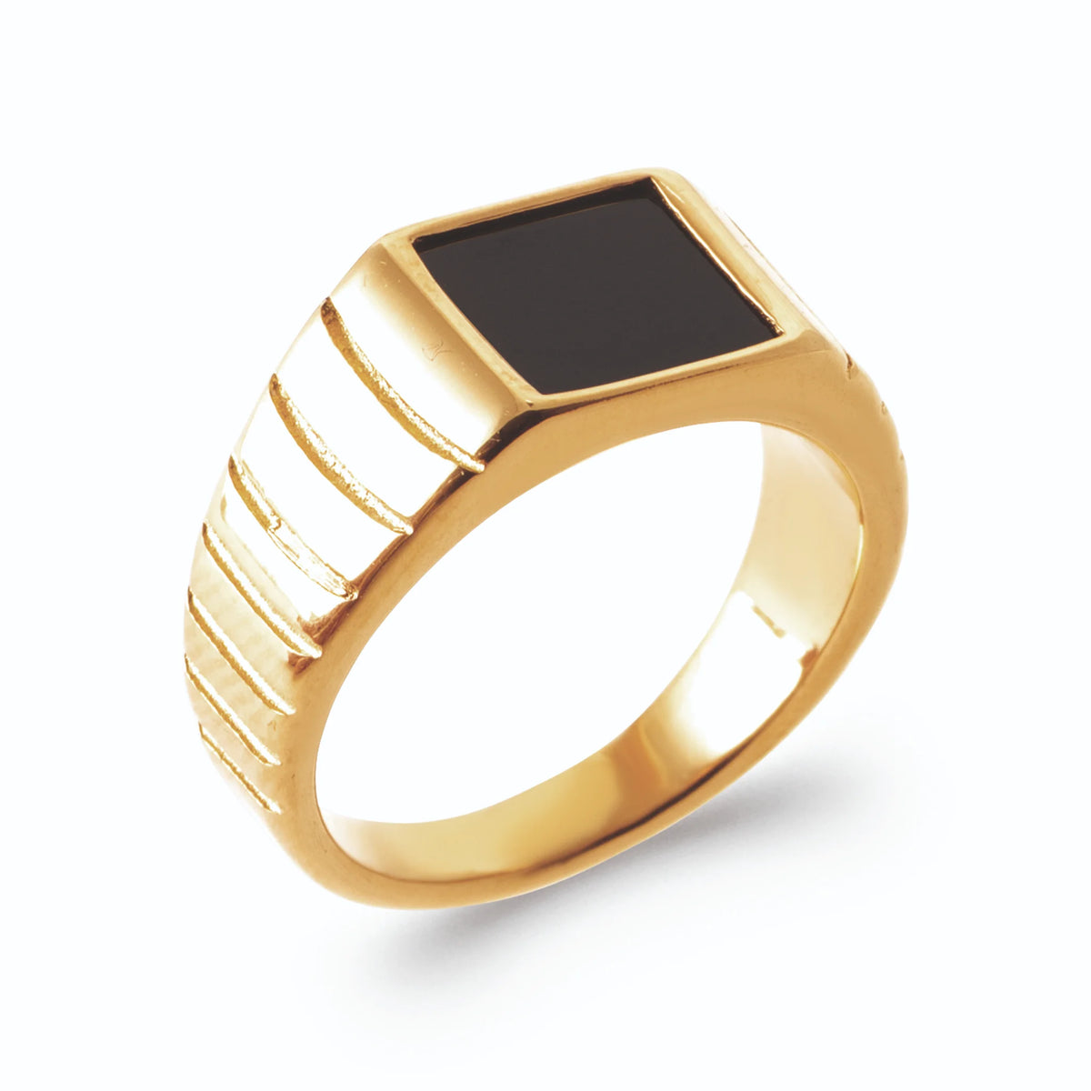 Bague chevalière plateau carré noir en acier PVD doré homme
