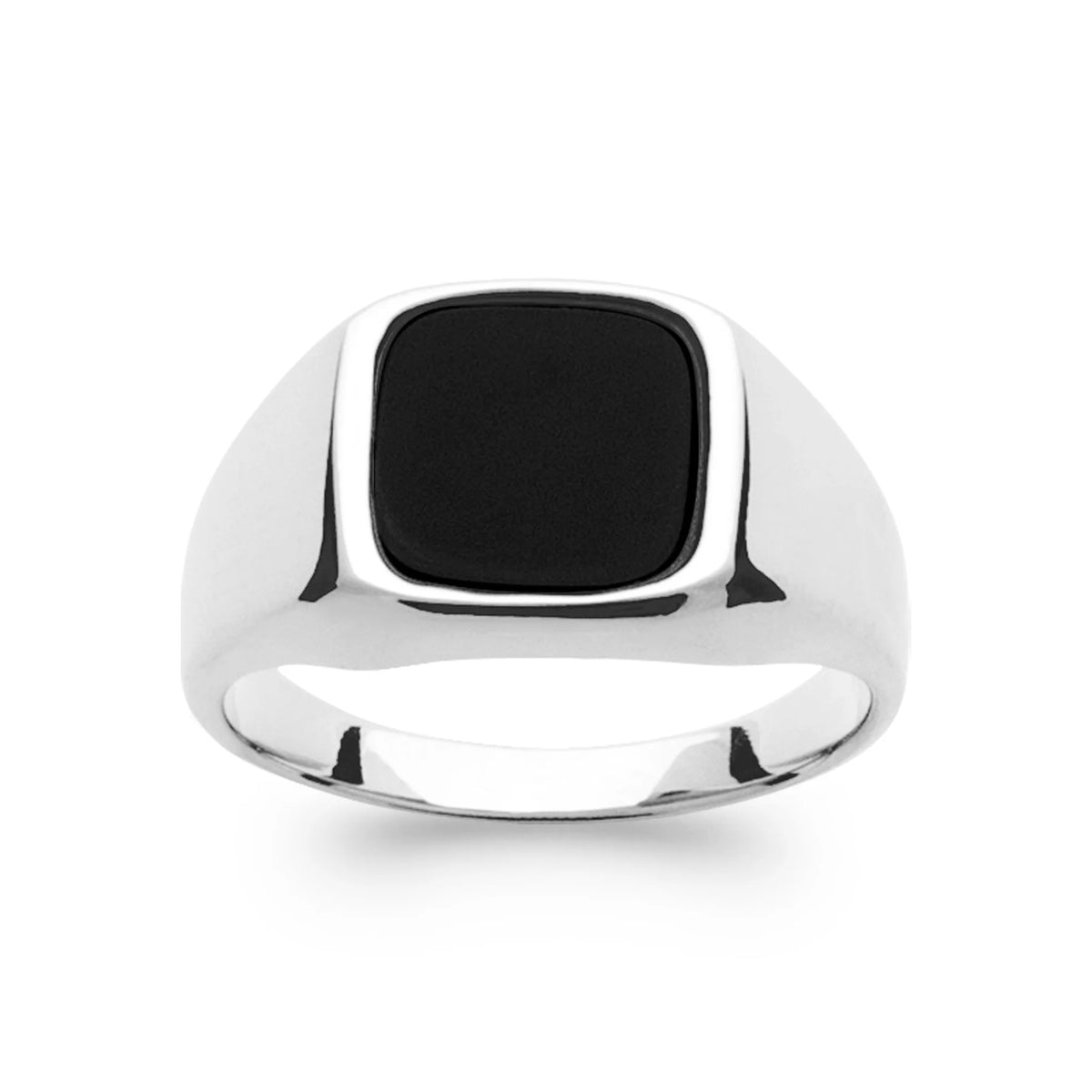 Bague chevalière plateau coussin noir en argent 925 rhodié homme vu de profil
