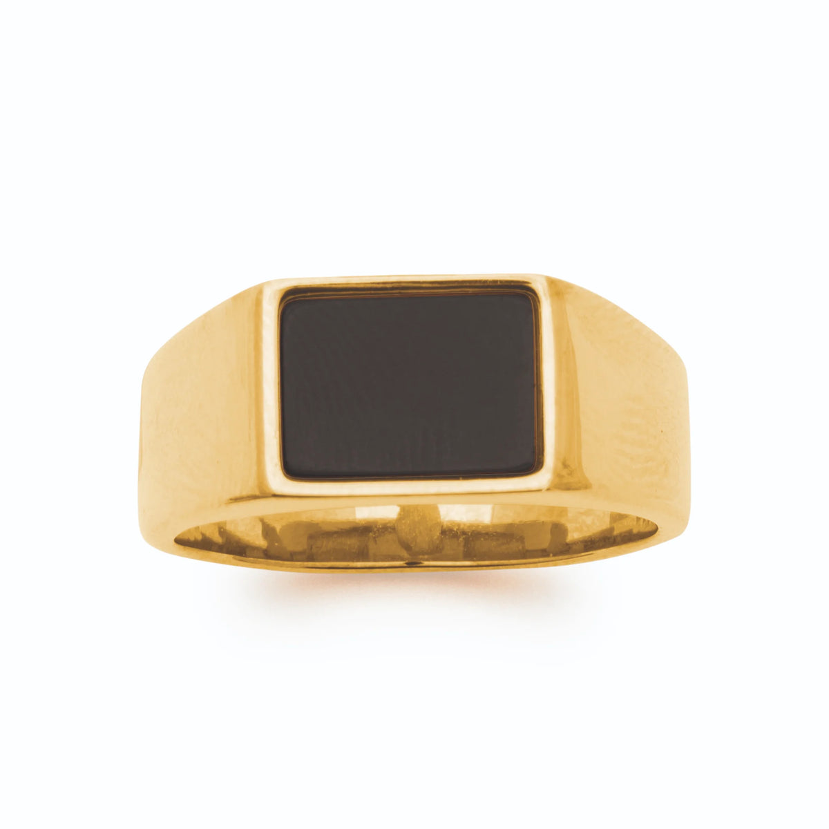 Bague chevalière plateau rectangulaire noir en acier PVD doré homme vu de profil