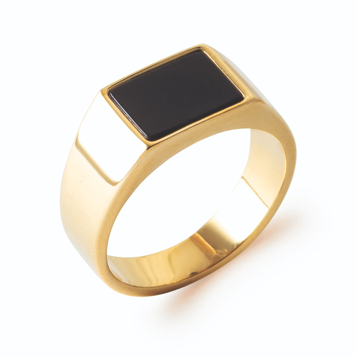 Bague chevalière plateau rectangulaire noir en acier PVD doré homme