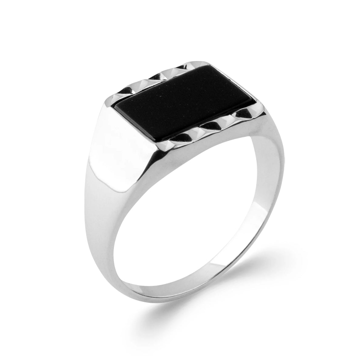 Bague chevalière rectangulaire noire à flancs crantés en argent 925 homme