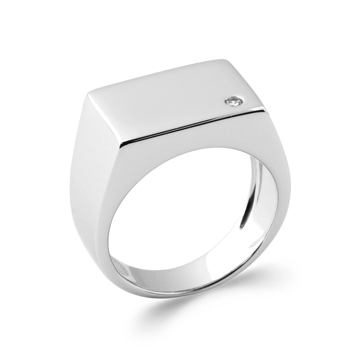 Bague chevalière rectangulaire sertie d’un zircon en argent rhodié homme