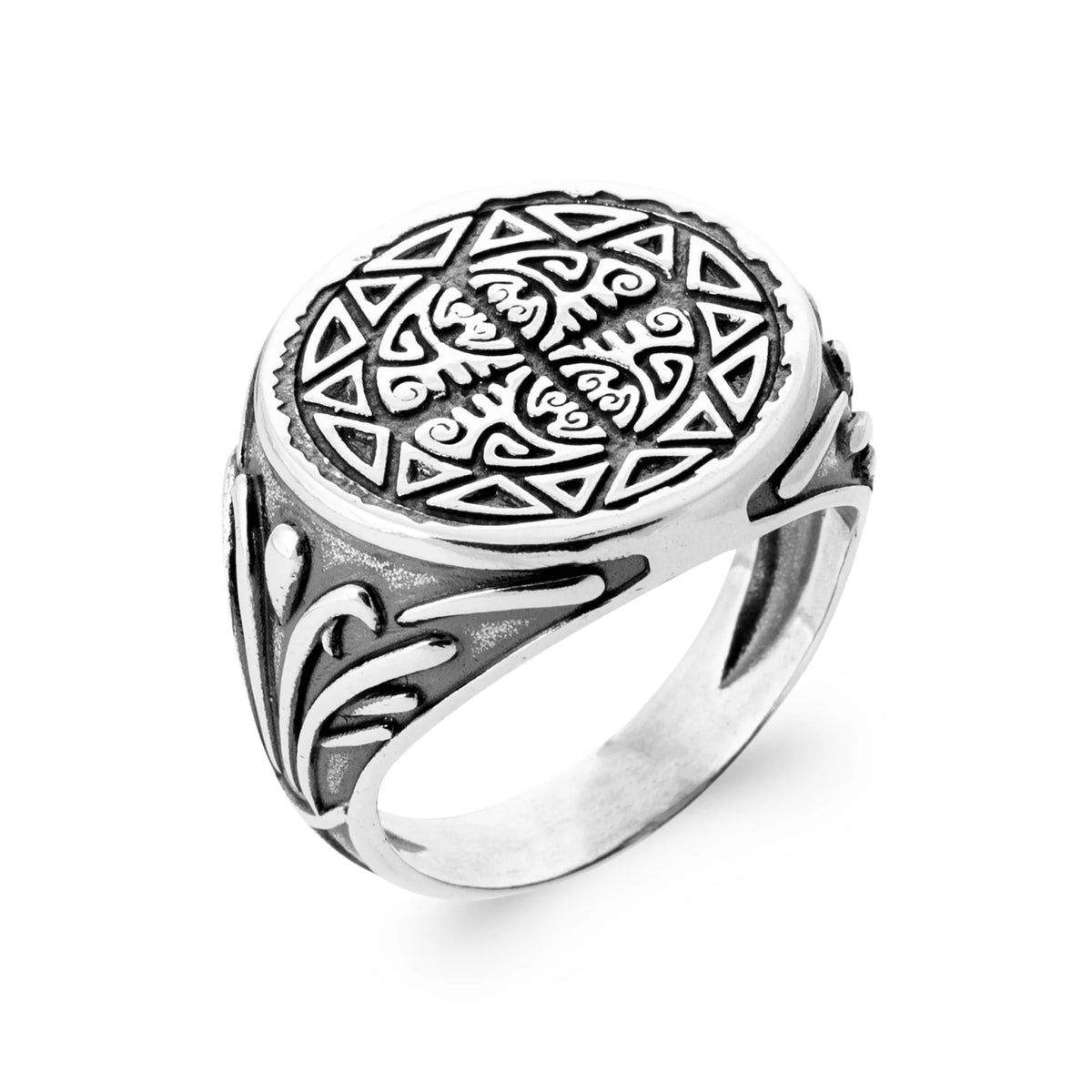 Bague chevalière ronde à motif polynésien en argent 925 homme