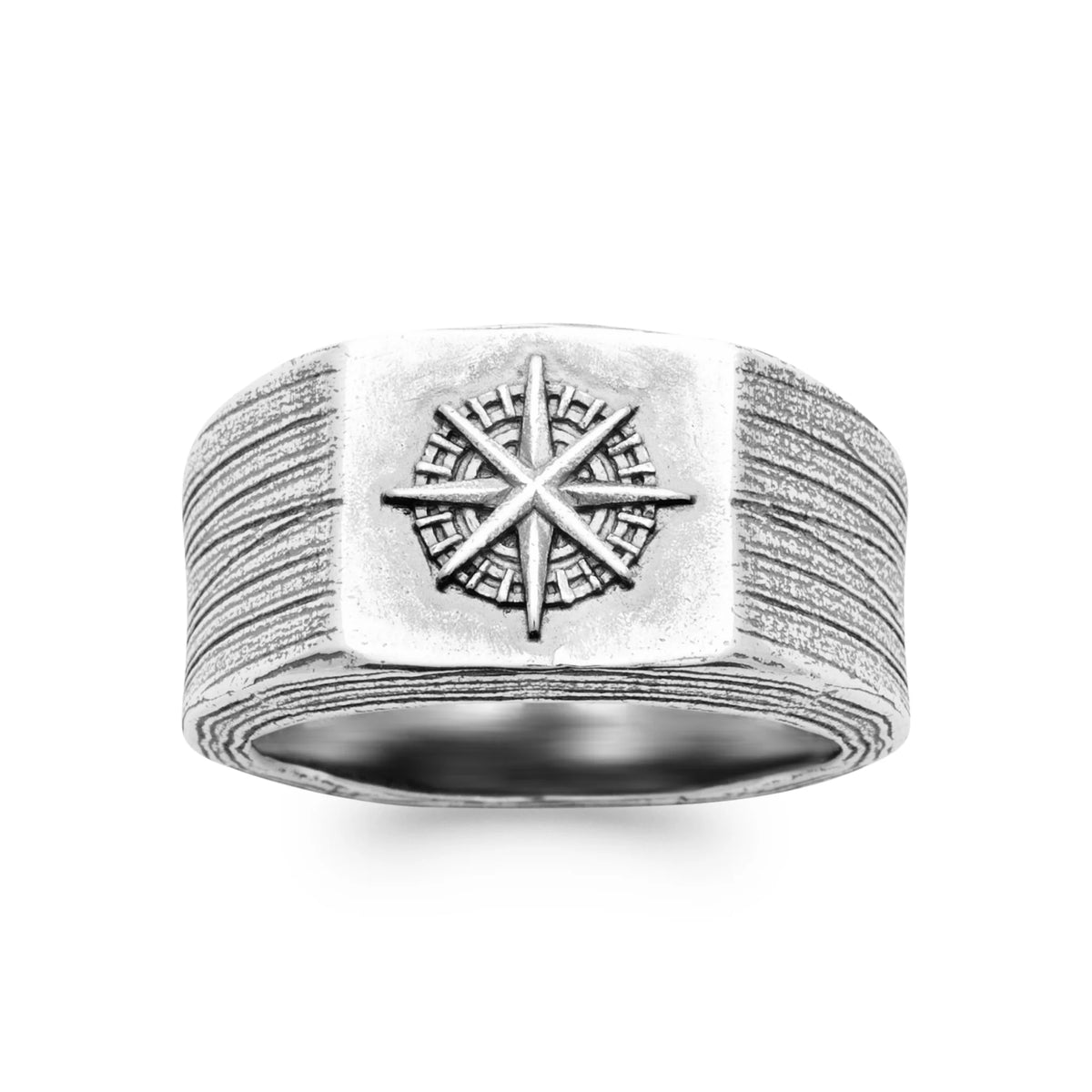 Bague chevalière rose des vents en argent 925 homme vu de profil