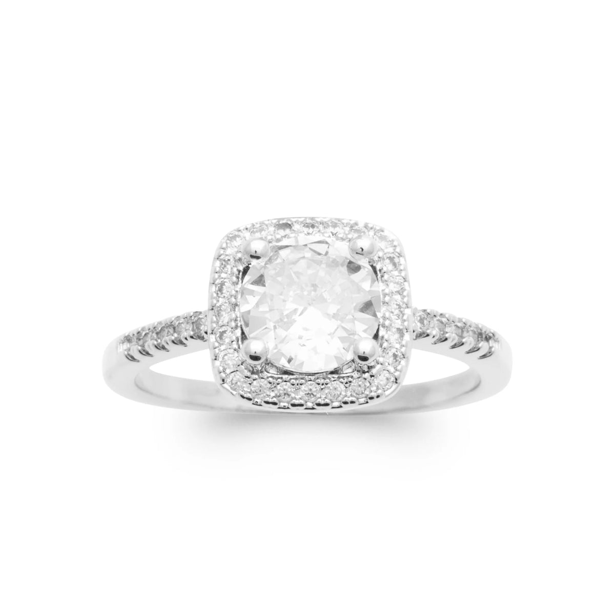 Bague coussin halo de zircons et épaules serties en argent 925, vue de dessus