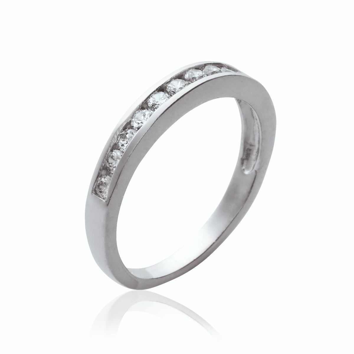 Bague demi-alliance serti rail de zircons en argent 925, vue de face
